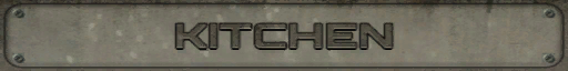 The kitchen sign the game ships: a worn metal plate with the word KITCHEN in raised letters between four screws.