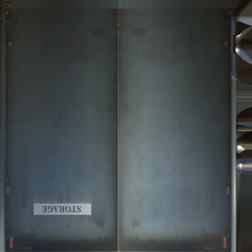 One of the level's own fittings, and not loot: the grey steel door of a storage room, lettered Storage.